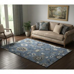 HomeRoots 5' X 8' Floral Medallion Area Rug in Blue Gray & White – Washable, UV-Protected, Pet-Friendly Design 663271