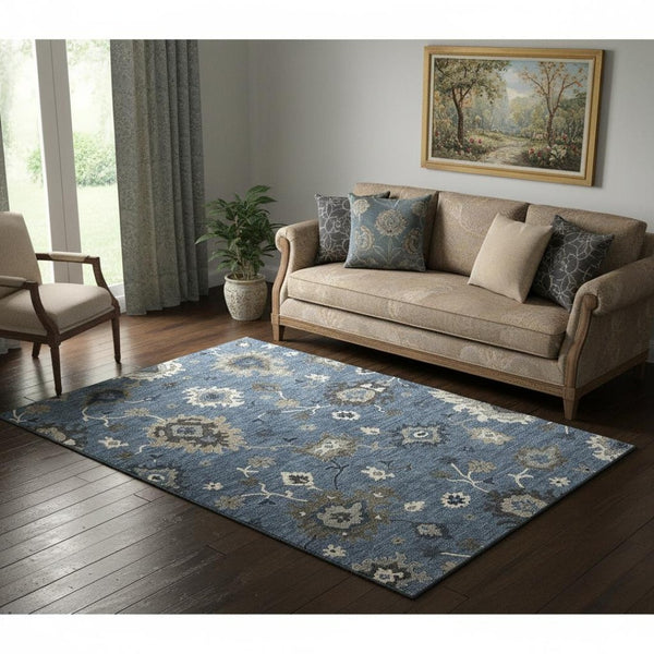 HomeRoots 5' X 8' Floral Medallion Area Rug in Blue Gray & White – Washable, UV-Protected, Pet-Friendly Design 663271
