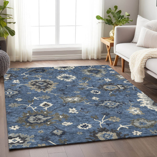 HomeRoots 5' X 8' Floral Medallion Area Rug in Blue Gray & White – Washable, UV-Protected, Pet-Friendly Design 663271