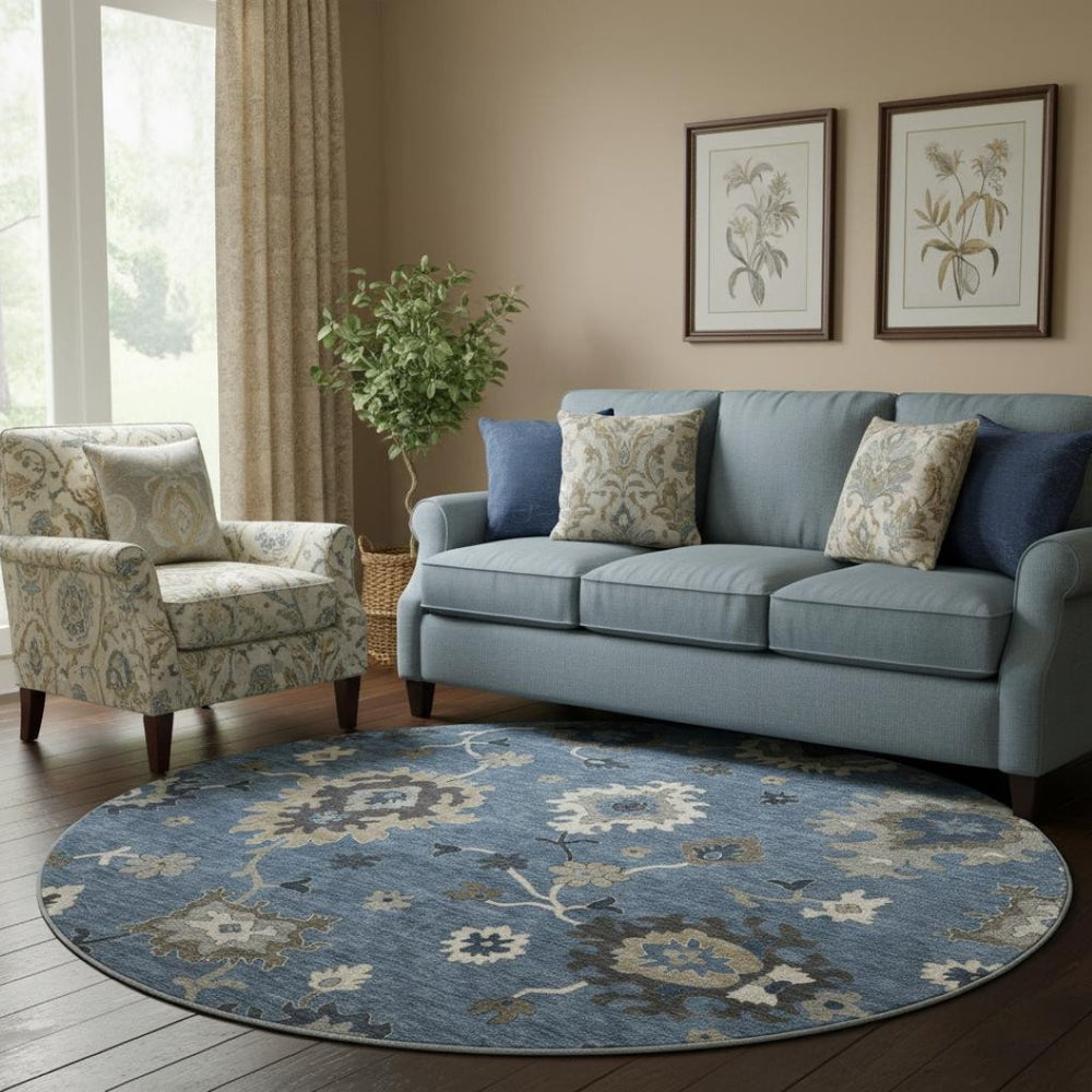 HomeRoots 8' Blue Gray Floral Medallion Round Area Rug – Washable, UV Protected, Soft & Stain Resistant Design 663272