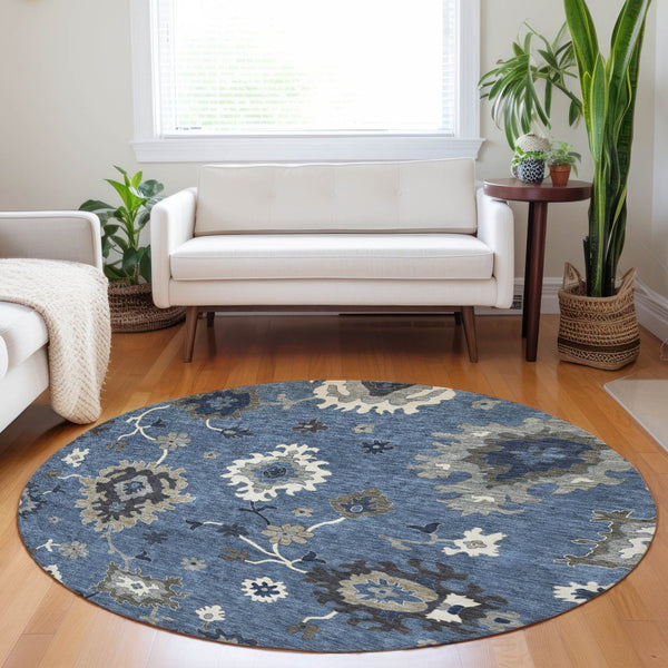 HomeRoots 8' Blue Gray Floral Medallion Round Area Rug – Washable, UV Protected, Soft & Stain Resistant Design 663272