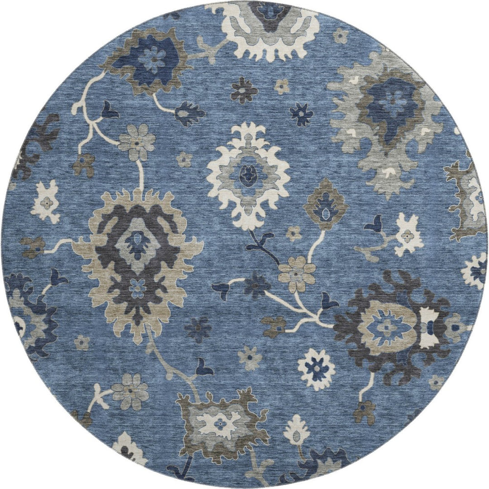 HomeRoots 8' Blue Gray Floral Medallion Round Area Rug – Washable, UV Protected, Soft & Stain Resistant Design 663272