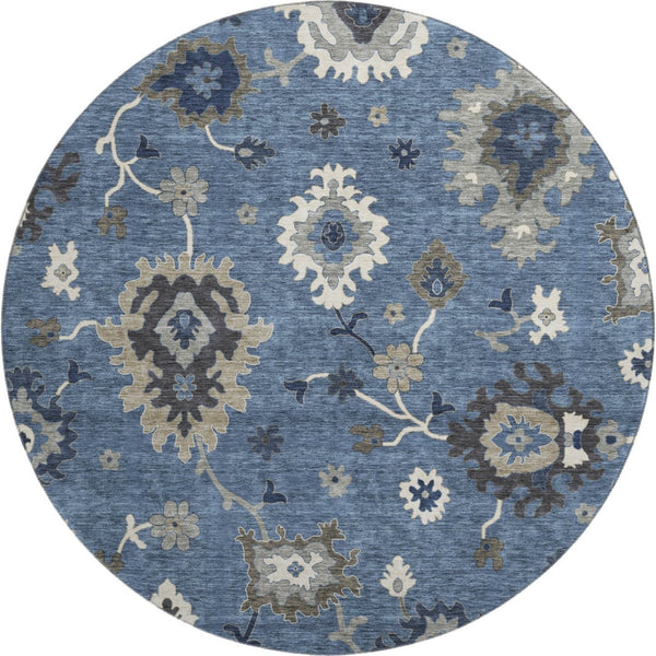 HomeRoots 8' Blue Gray Floral Medallion Round Area Rug – Washable, UV Protected, Soft & Stain Resistant Design 663272