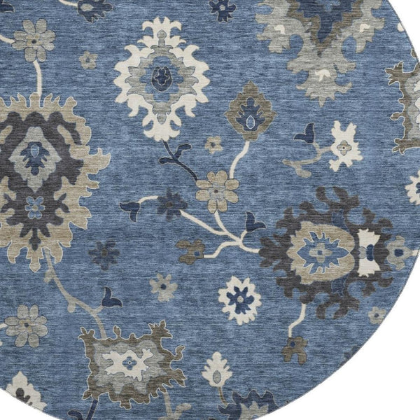 HomeRoots 8' Blue Gray Floral Medallion Round Area Rug – Washable, UV Protected, Soft & Stain Resistant Design 663272