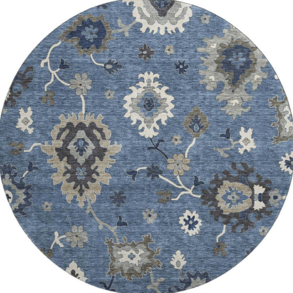 HomeRoots 8' Blue Gray Floral Medallion Round Area Rug – Washable, UV Protected, Soft & Stain Resistant Design 663272