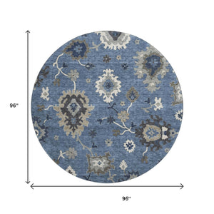 HomeRoots 8' Blue Gray Floral Medallion Round Area Rug – Washable, UV Protected, Soft & Stain Resistant Design 663272