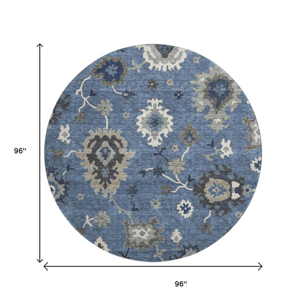 HomeRoots 8' Blue Gray Floral Medallion Round Area Rug – Washable, UV Protected, Soft & Stain Resistant Design 663272