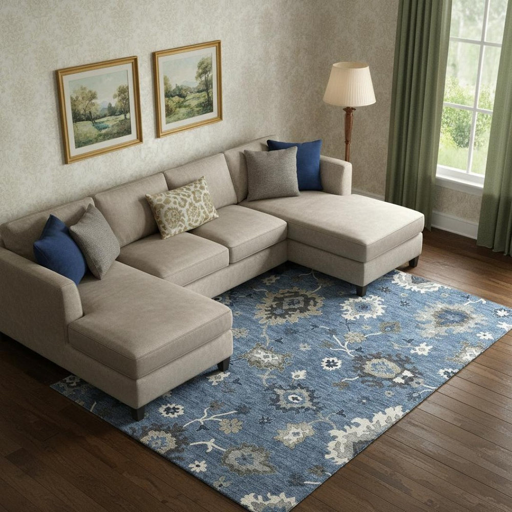 HomeRoots 8' X 10' Floral Medallion Area Rug in Blue-Gray & White - Washable, UV Protected & Stain-Resistant 663273