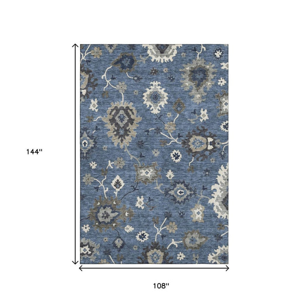 HomeRoots 9' X 12' Timeless Blue Gray Floral Medallion Area Rug - Washable, UV Protected, Durable Design! 663274