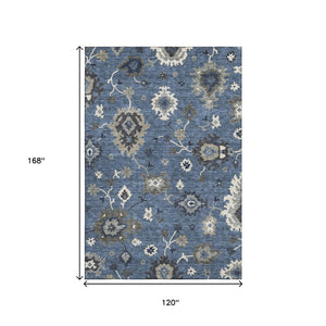 HomeRoots 10' X 14' Blue Gray Floral Medallion Area Rug - Washable, UV Protected, Durable for Family Spaces 663275