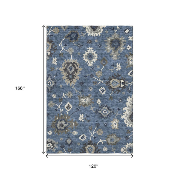 HomeRoots 10' X 14' Blue Gray Floral Medallion Area Rug - Washable, UV Protected, Durable for Family Spaces 663275
