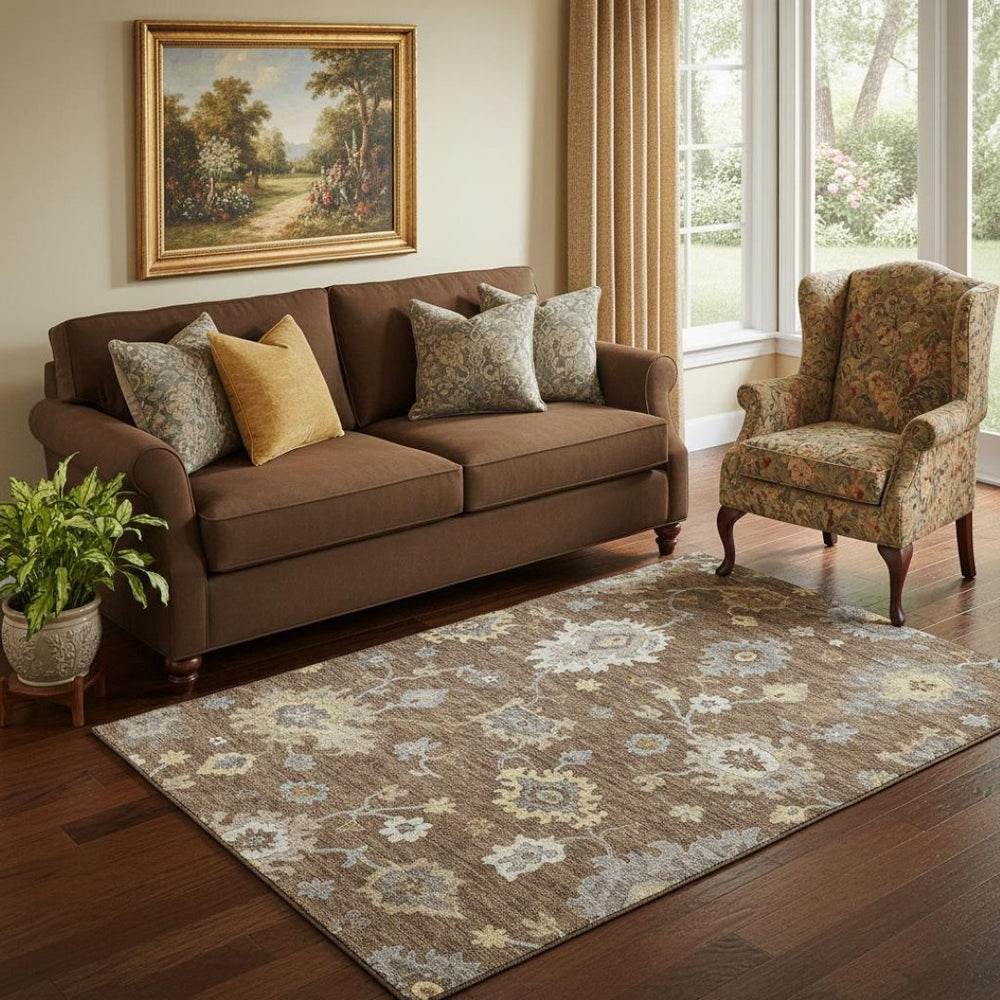 HomeRoots 5' X 8' Floral Medallion Area Rug in Chocolate, Gold & Gray - Washable, UV Protected, Stylish Comfort 663277