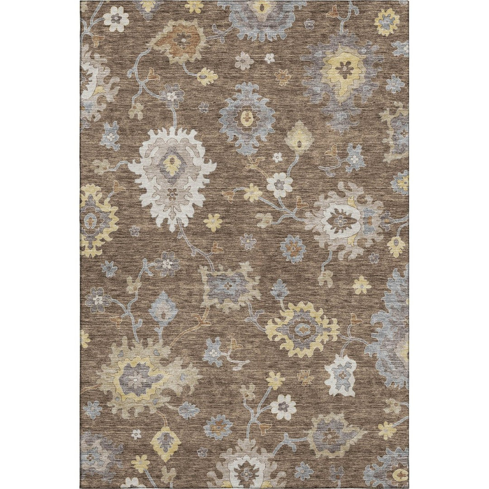HomeRoots 5' X 8' Floral Medallion Area Rug in Chocolate, Gold & Gray - Washable, UV Protected, Stylish Comfort 663277