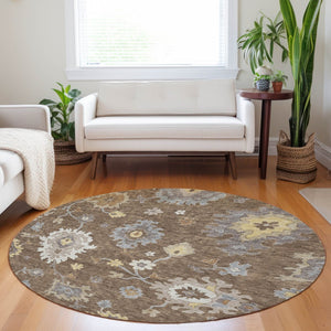 HomeRoots 8' Elegant Chocolate Gold Gray Floral Medallion Round Rug - Washable, UV Protected, Durable Design 663278