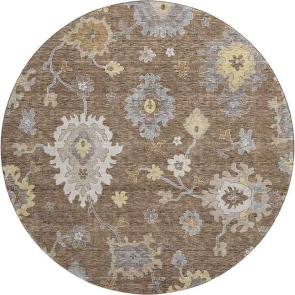 HomeRoots 8' Elegant Chocolate Gold Gray Floral Medallion Round Rug - Washable, UV Protected, Durable Design 663278