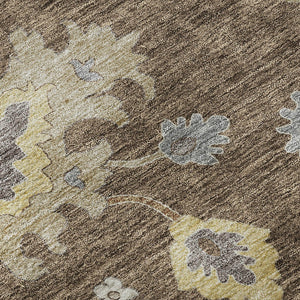 HomeRoots 8' Elegant Chocolate Gold Gray Floral Medallion Round Rug - Washable, UV Protected, Durable Design 663278