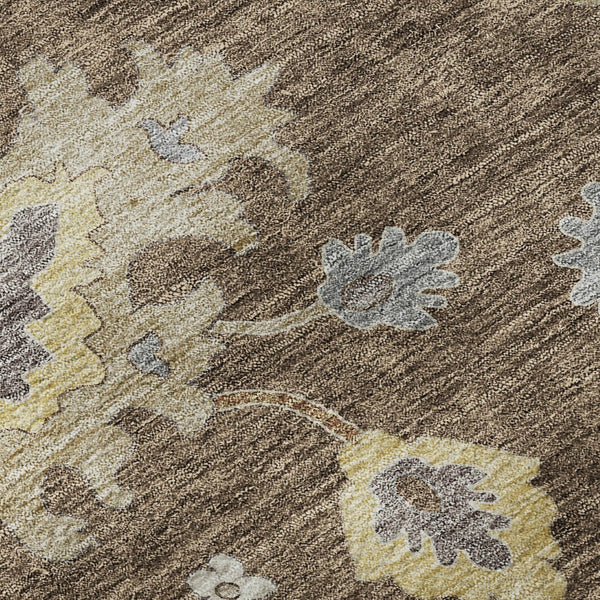 HomeRoots 8' Elegant Chocolate Gold Gray Floral Medallion Round Rug - Washable, UV Protected, Durable Design 663278