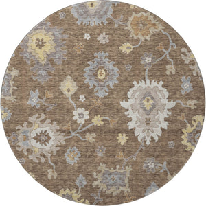 HomeRoots 8' Elegant Chocolate Gold Gray Floral Medallion Round Rug - Washable, UV Protected, Durable Design 663278