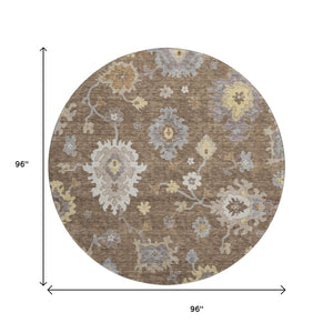HomeRoots 8' Elegant Chocolate Gold Gray Floral Medallion Round Rug - Washable, UV Protected, Durable Design 663278