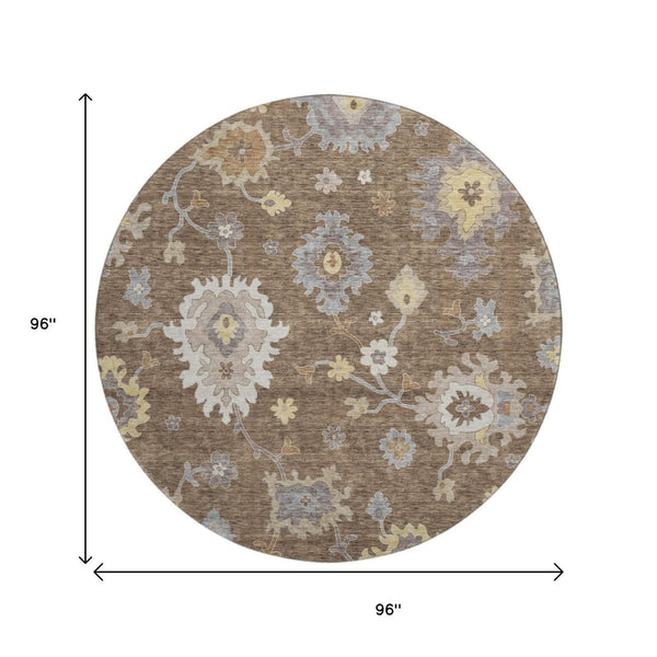 HomeRoots 8' Elegant Chocolate Gold Gray Floral Medallion Round Rug - Washable, UV Protected, Durable Design 663278