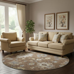HomeRoots 8' Elegant Chocolate Gold Gray Floral Medallion Round Rug - Washable, UV Protected, Durable Design 663278