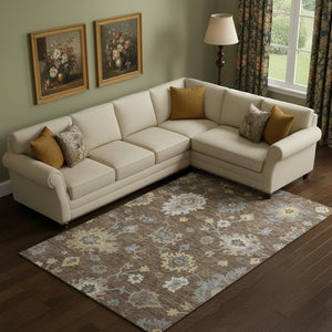 HomeRoots 8' X 10' Floral Medallion Washable Area Rug in Chocolate, Gold & Gray - UV Protection & Stain Resistant 663279
