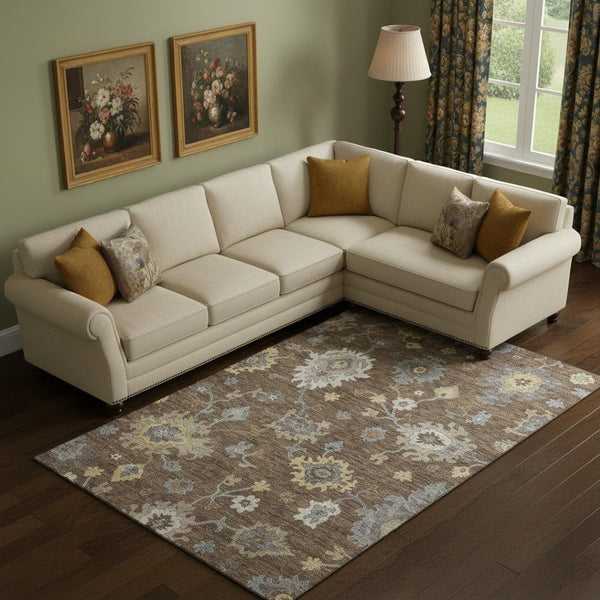 HomeRoots 8' X 10' Floral Medallion Washable Area Rug in Chocolate, Gold & Gray - UV Protection & Stain Resistant 663279