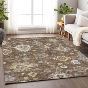 HomeRoots 8' X 10' Floral Medallion Washable Area Rug in Chocolate, Gold & Gray - UV Protection & Stain Resistant 663279