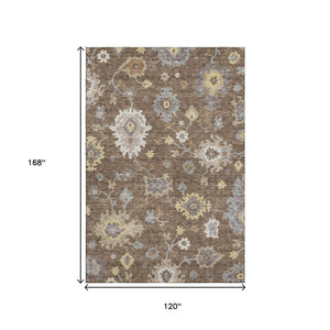 HomeRoots 10' X 14' Chocolate Gold Floral Medallion Rug - Washable, UV-Protected, Durable for Active Homes 663281