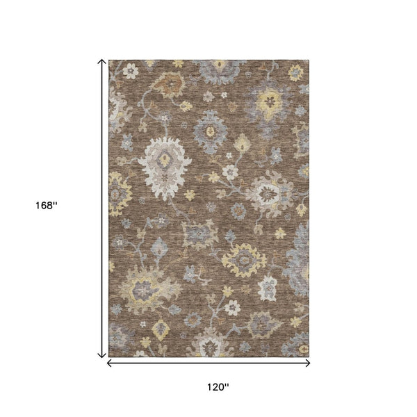 HomeRoots 10' X 14' Chocolate Gold Floral Medallion Rug - Washable, UV-Protected, Durable for Active Homes 663281
