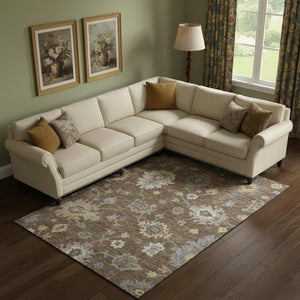 HomeRoots 10' X 14' Chocolate Gold Floral Medallion Rug - Washable, UV-Protected, Durable for Active Homes 663281