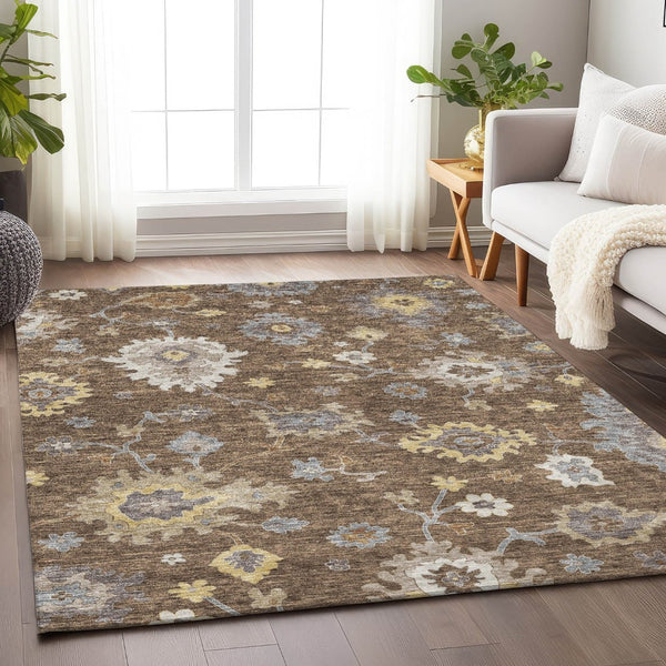 HomeRoots 10' X 14' Chocolate Gold Floral Medallion Rug - Washable, UV-Protected, Durable for Active Homes 663281