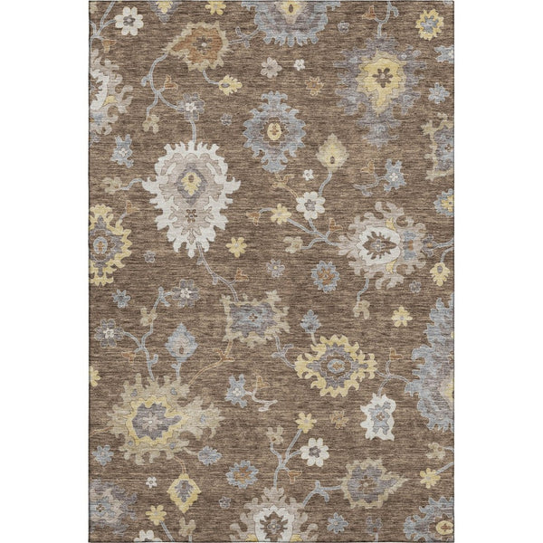 HomeRoots 10' X 14' Chocolate Gold Floral Medallion Rug - Washable, UV-Protected, Durable for Active Homes 663281