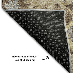 HomeRoots 10' X 14' Chocolate Gold Floral Medallion Rug - Washable, UV-Protected, Durable for Active Homes 663281