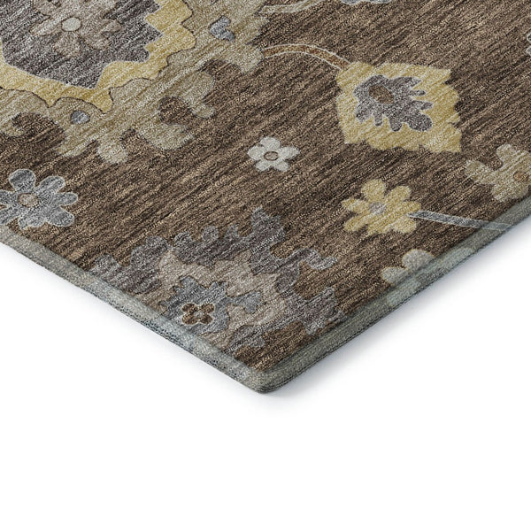 HomeRoots 10' X 14' Chocolate Gold Floral Medallion Rug - Washable, UV-Protected, Durable for Active Homes 663281