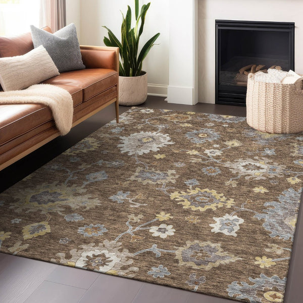 HomeRoots 10' X 14' Chocolate Gold Floral Medallion Rug - Washable, UV-Protected, Durable for Active Homes 663281
