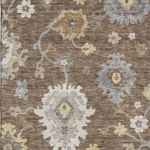 HomeRoots 10' X 14' Chocolate Gold Floral Medallion Rug - Washable, UV-Protected, Durable for Active Homes 663281