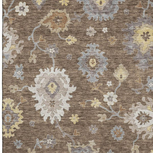 HomeRoots 10' X 14' Chocolate Gold Floral Medallion Rug - Washable, UV-Protected, Durable for Active Homes 663281