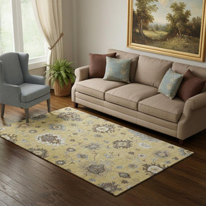 HomeRoots 5' X 8' Floral Medallion Area Rug in Gold, Gray & Ivory - Washable, UV Protected, Stain Resistant! 663283