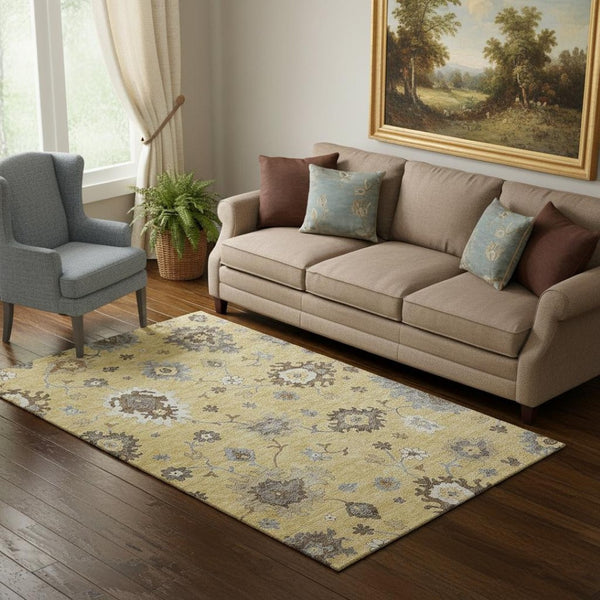 HomeRoots 5' X 8' Floral Medallion Area Rug in Gold, Gray & Ivory - Washable, UV Protected, Stain Resistant! 663283