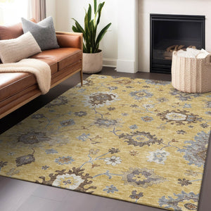 HomeRoots 5' X 8' Floral Medallion Area Rug in Gold, Gray & Ivory - Washable, UV Protected, Stain Resistant! 663283