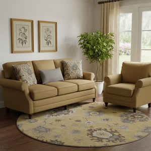 HomeRoots 8' Elegant Gold Gray Ivory Floral Medallion Round Rug - Washable, UV-Protected, Stain-Resistant 663284