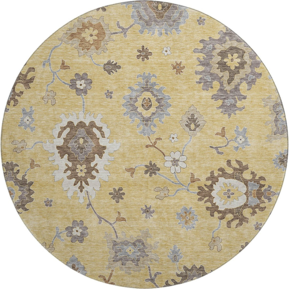 HomeRoots 8' Elegant Gold Gray Ivory Floral Medallion Round Rug - Washable, UV-Protected, Stain-Resistant 663284