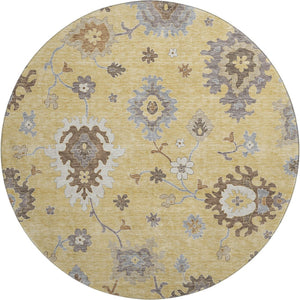 HomeRoots 8' Elegant Gold Gray Ivory Floral Medallion Round Rug - Washable, UV-Protected, Stain-Resistant 663284