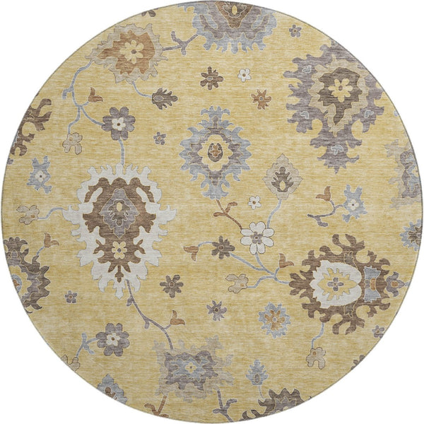 HomeRoots 8' Elegant Gold Gray Ivory Floral Medallion Round Rug - Washable, UV-Protected, Stain-Resistant 663284