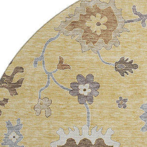 HomeRoots 8' Elegant Gold Gray Ivory Floral Medallion Round Rug - Washable, UV-Protected, Stain-Resistant 663284