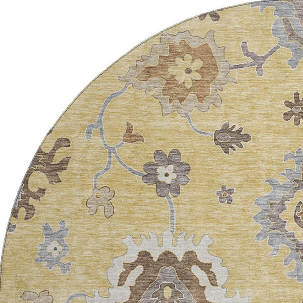 HomeRoots 8' Elegant Gold Gray Ivory Floral Medallion Round Rug - Washable, UV-Protected, Stain-Resistant 663284