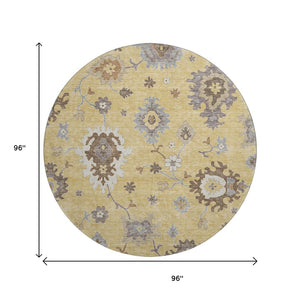 HomeRoots 8' Elegant Gold Gray Ivory Floral Medallion Round Rug - Washable, UV-Protected, Stain-Resistant 663284