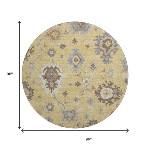 HomeRoots 8' Elegant Gold Gray Ivory Floral Medallion Round Rug - Washable, UV-Protected, Stain-Resistant 663284