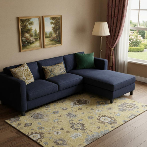 HomeRoots 10' Gold, Gray & Ivory Floral Medallion Area Rug - Washable, UV-Protected, Stain-Resistant Design 663287